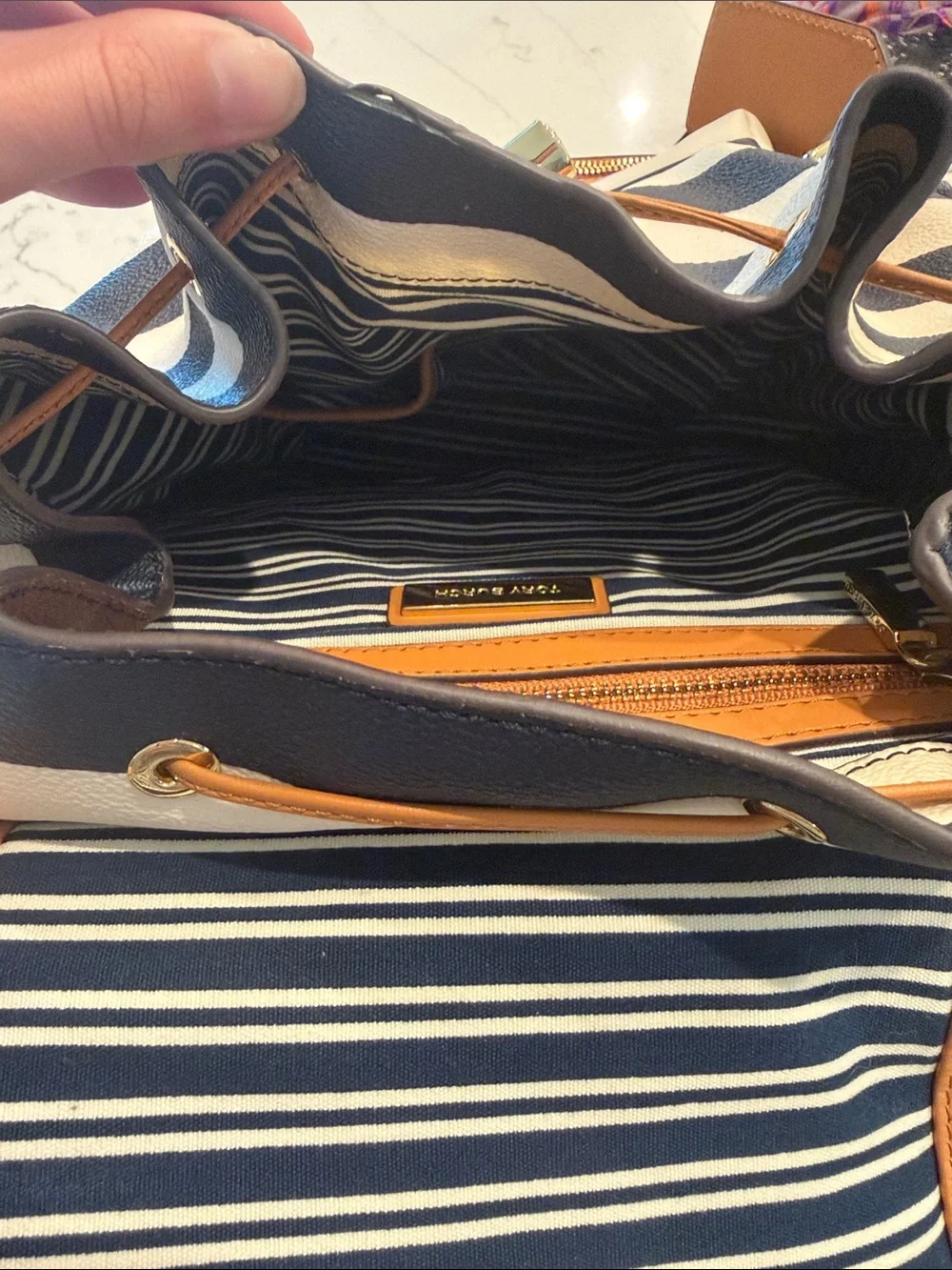 Tory Burch Navy and White Striped Canvas Backpack with Tan Leather Flap